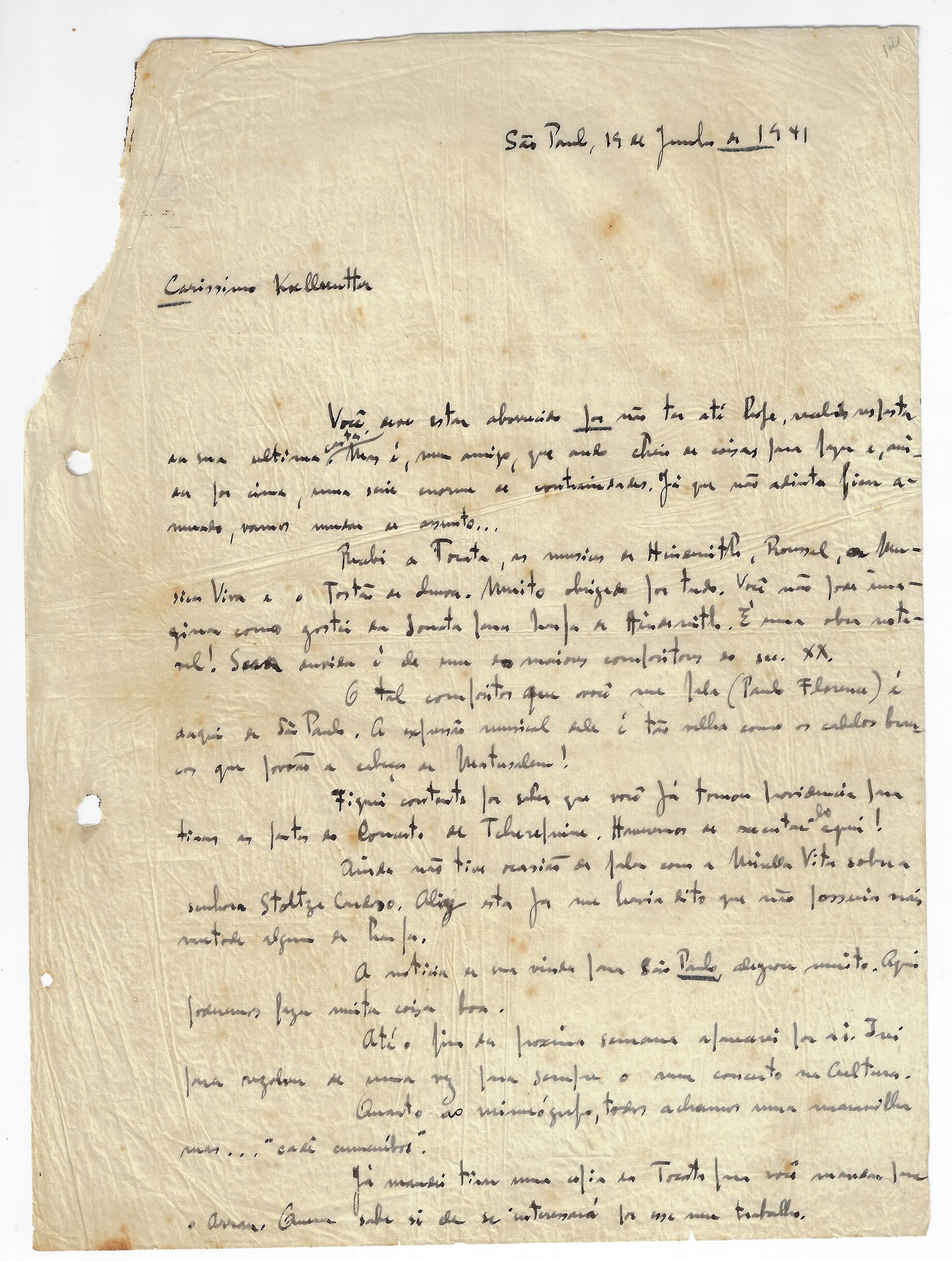 Carta de Guarnieri a Koellreutter em 19 de junho de 1941
