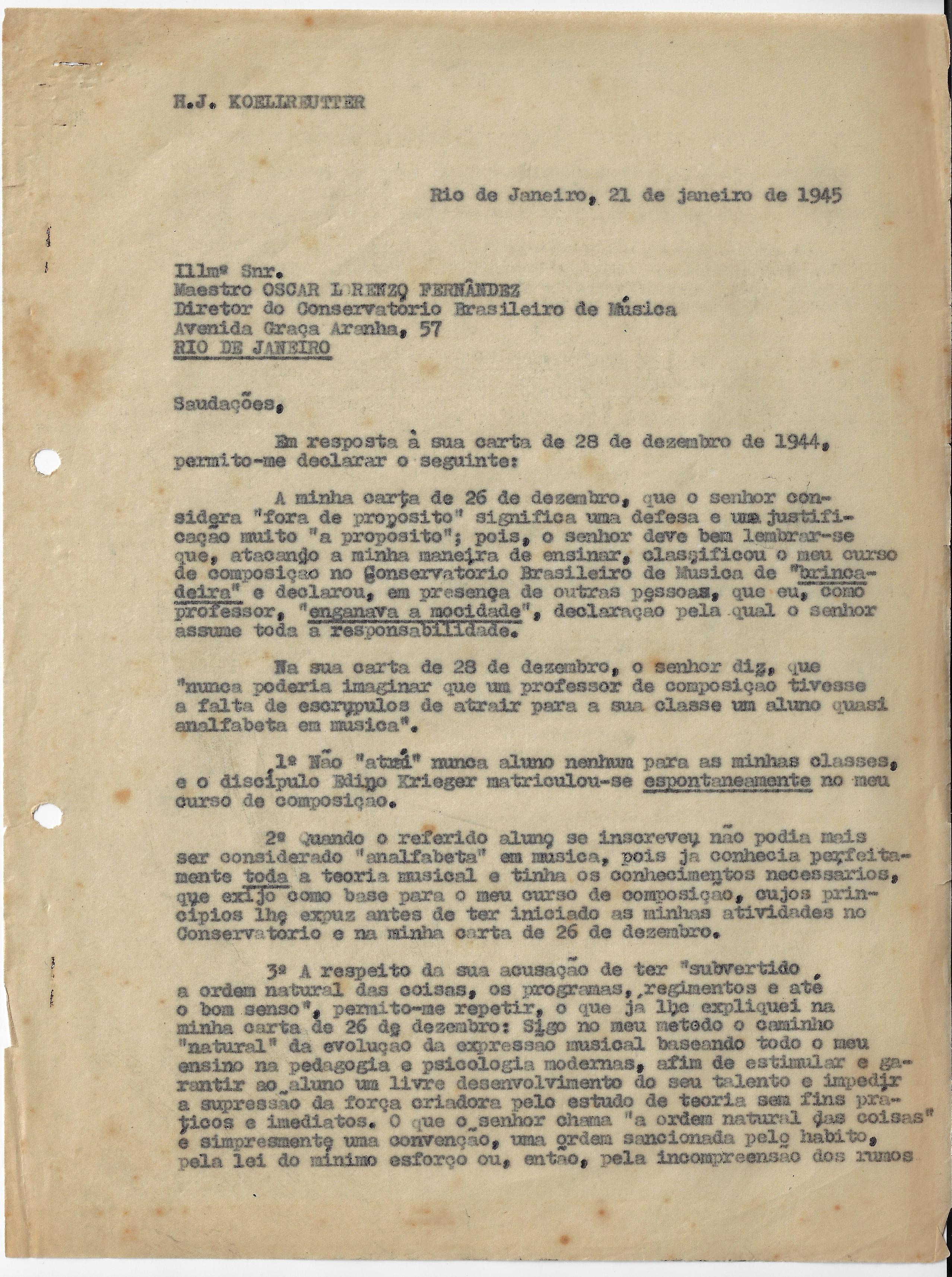 Carta de Koellreutter a Oscar Lorenzo em 21 de janeiro de 1945