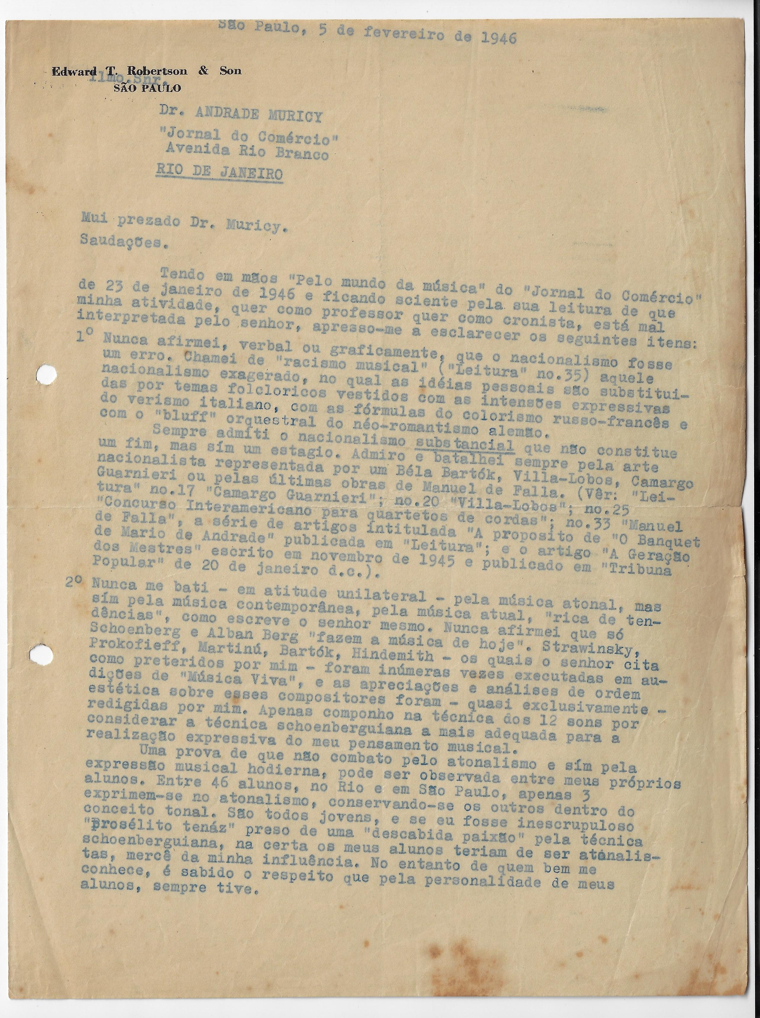Carta de Koellreutter a Andrade Muricy em 05 de fevereiro de 1946