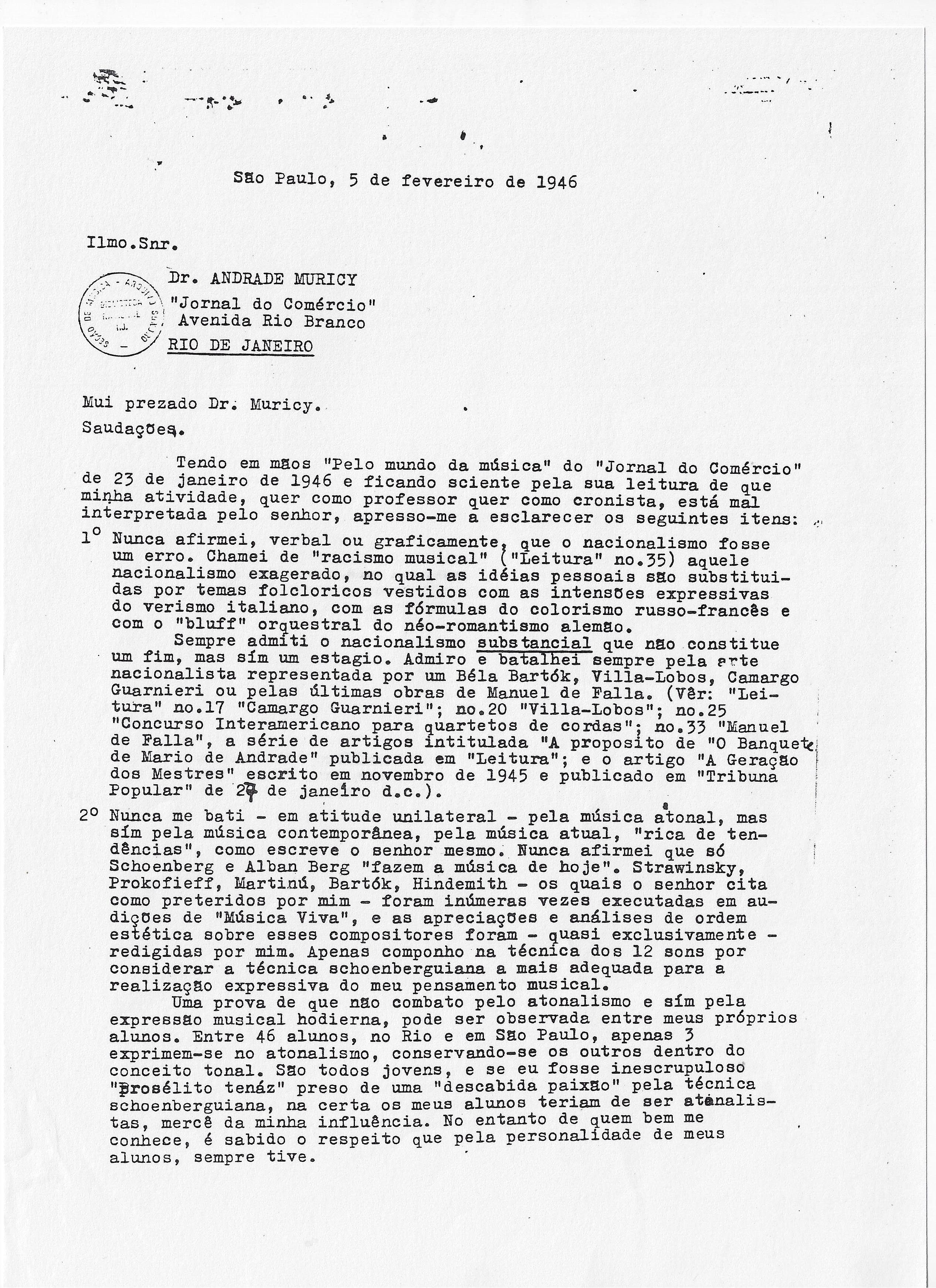 Carta de Koellreutter a Andrade Muricy em 05 de fevereiro de 1946