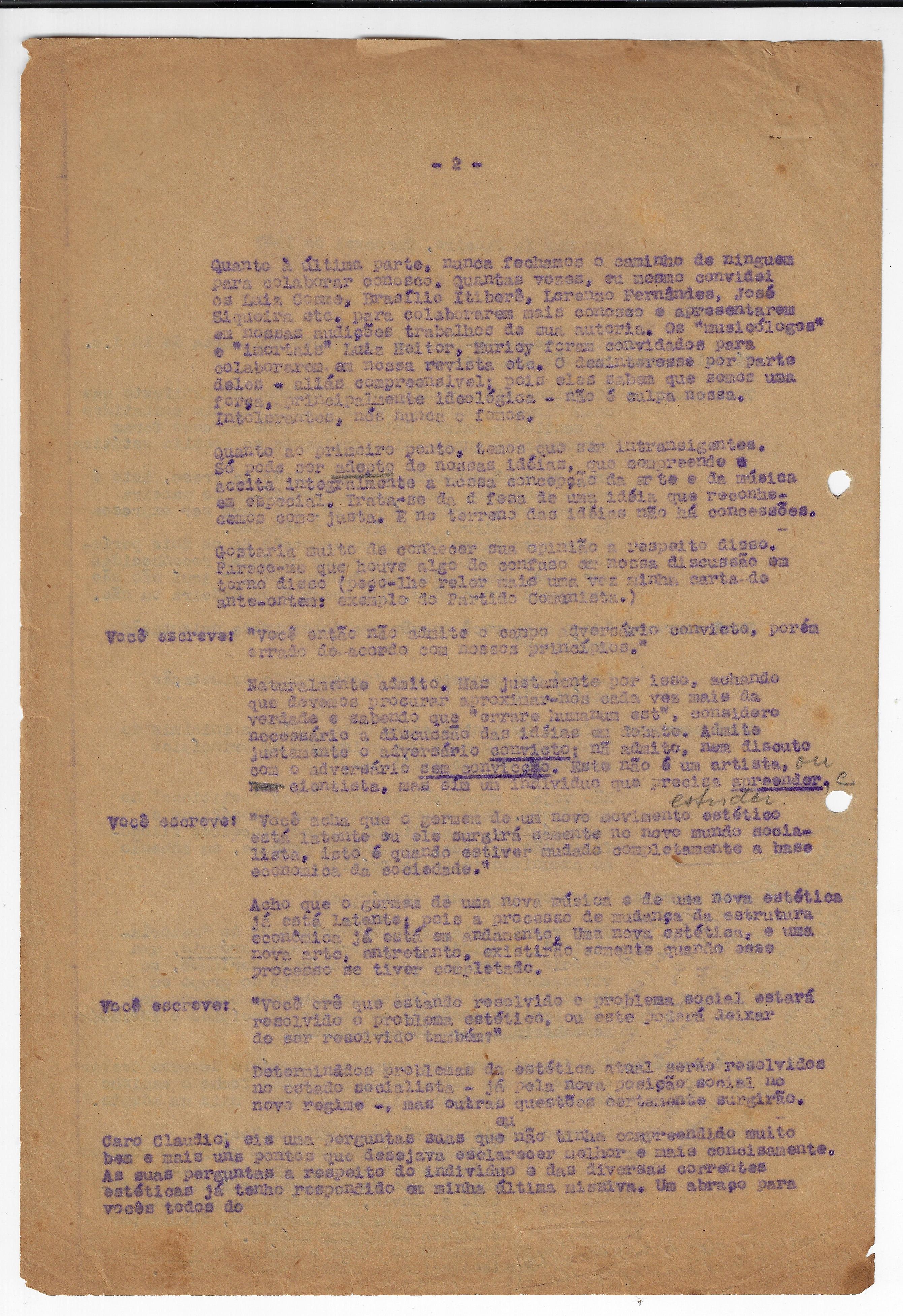 Carta de Koellreutter a Cludio Santoro em fevereiro de 1947