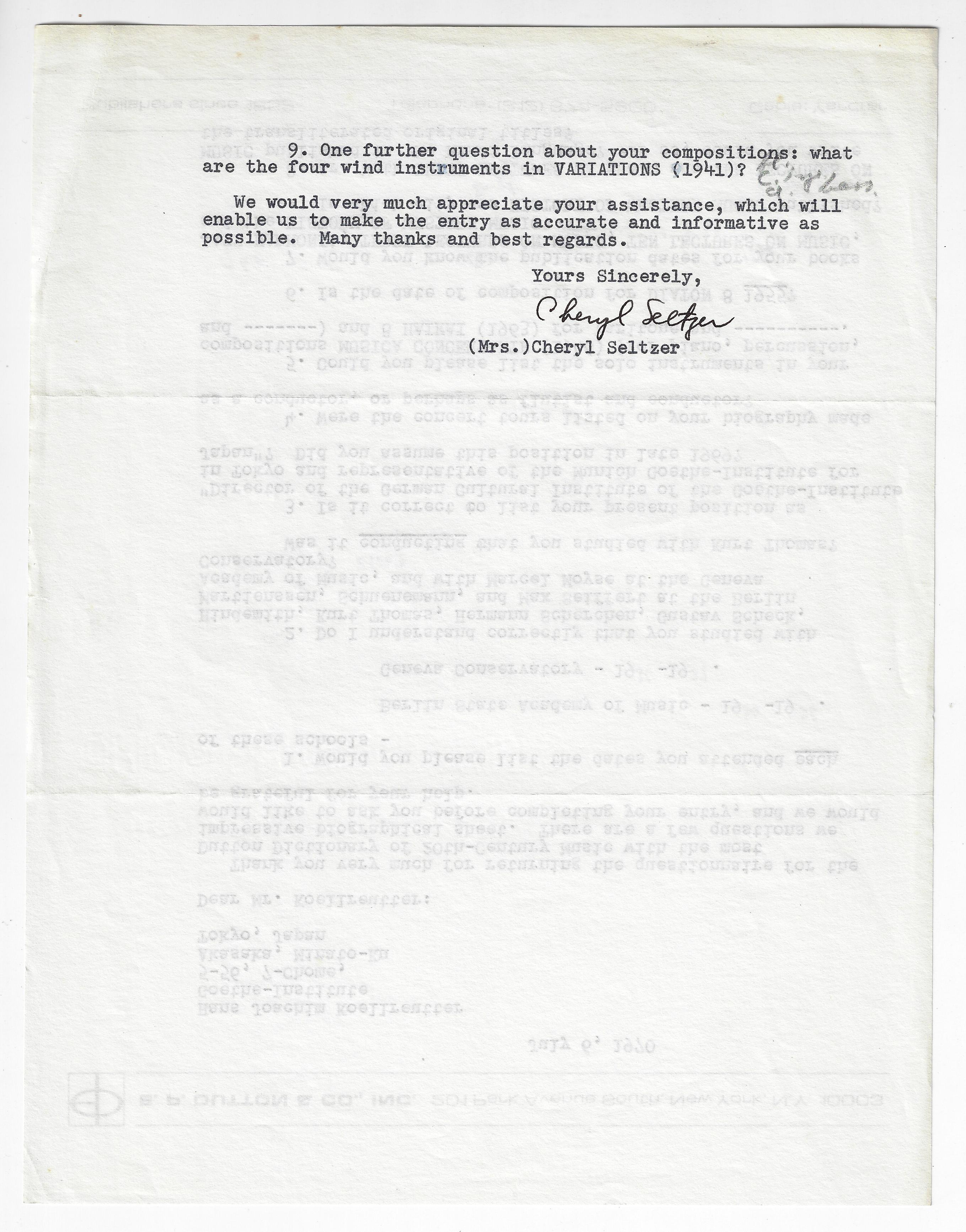 Carta de Cheryl Seltzer a Koellreutter em 06 de julho de 1970